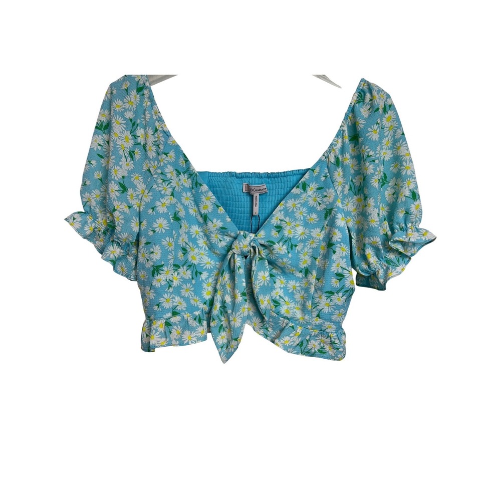 BCBGeneration Crop Top Women S Blue Retro Floral Tie Front Puff Sleeve Smock G20